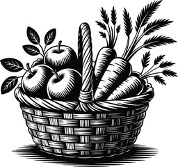Fototapeta premium Woodcut Basket with Apples and Carrots Harvested from Garden for Farm to Table Concept
