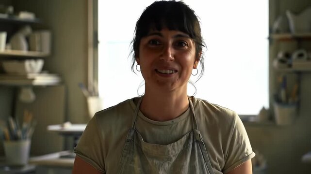 Portrait of a happy female potter in an apron turning to smile in a bright ceramics workshop, symbolizing creative small business success.