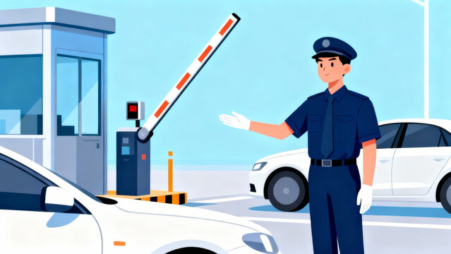 A security guard in uniform directs a white car at an entrance gate with a barrier. Traffic control and safety at a vehicle entry checkpoint are depicted.
