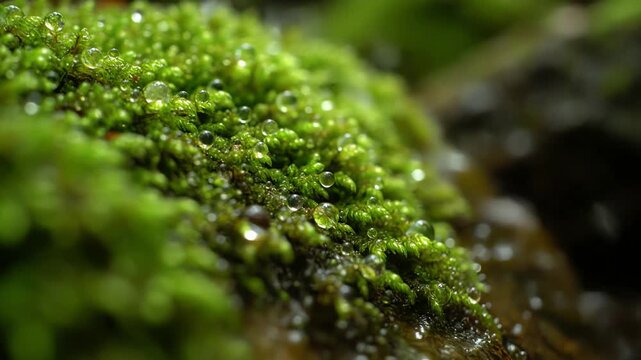 Relaxing macro video of lush green moss and morning dew with water sounds. A serene nature scene with sparkling water droplets on vibrant flora.