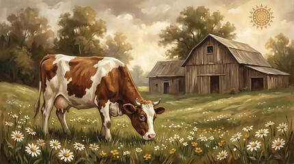 cow grazing in meadow with barn and flowers.