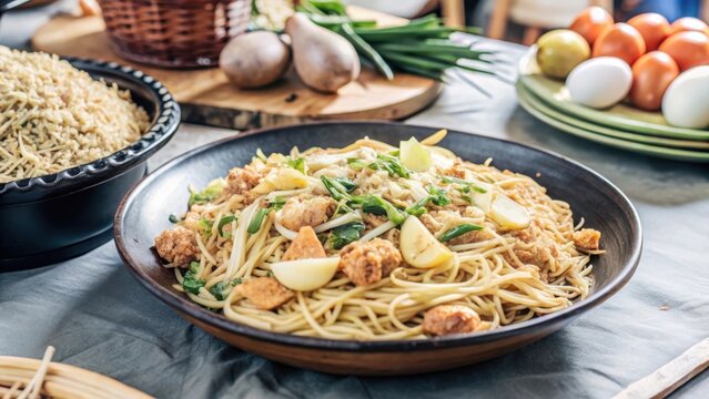 A steaming plate of pancit palabok is served with a side of savory vegetables and a sprinkle of chopped green onions in a bustling Asian market