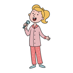 A cozy scene of a cheerful girl in soft pajamas, singing joyfully with eyes closed, lost in her favorite tunes, radiating warmth and playful energy.
