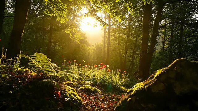 Enchanting forest path with vibrant poppies illuminated by golden morning sun rays