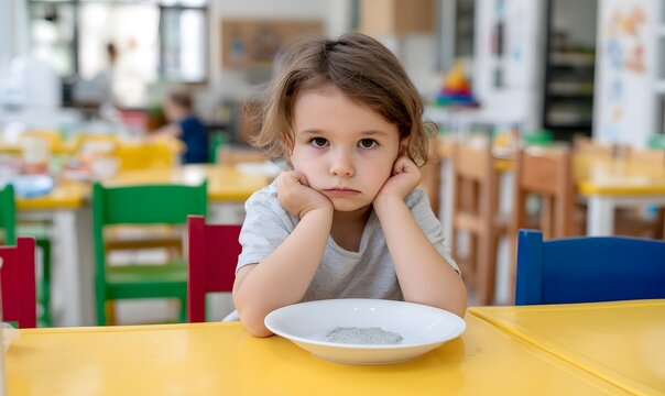 A 5-year-old disappointed child sitting in a kindergarten cafeteria. In front of the child is a plate inedible gray food