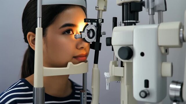 Close-up of a young woman undergoing an eye examination with specialized equipment at an optometry clinic