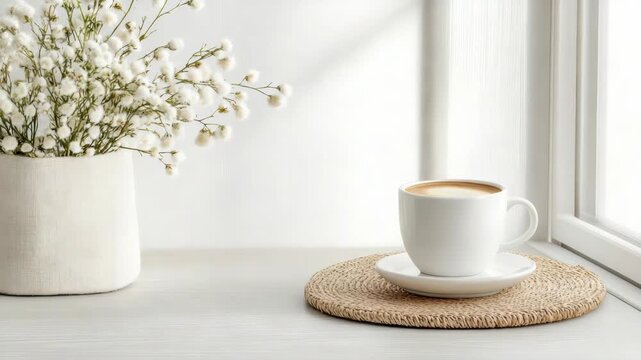 White ceramic coffee cup saucer by window with delicate baby breath flowers woven coaster latte