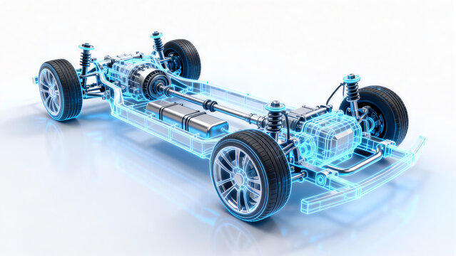 3D rendered transparent electric vehicle chassis showcasing internal components like battery, motor, suspension, and drive system, emphasizing automotive engineering and innovation.