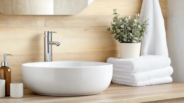 Minimal white ceramic sink with chrome faucet towel on wooden vanity bathroom creating calm spa vibe