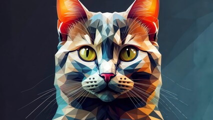 A symmetrical geometric cat face rendered with colorful balanced facets that create a structured modern aesthetic with calm confident expression
