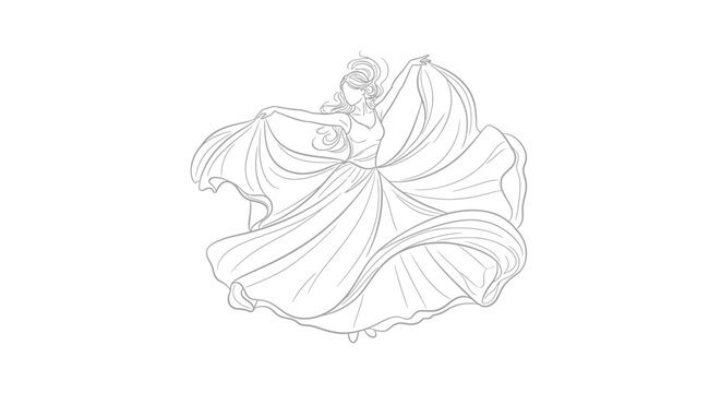 Elegant woman twirling in a flowing gown outlined with intricate detailing offering artistic