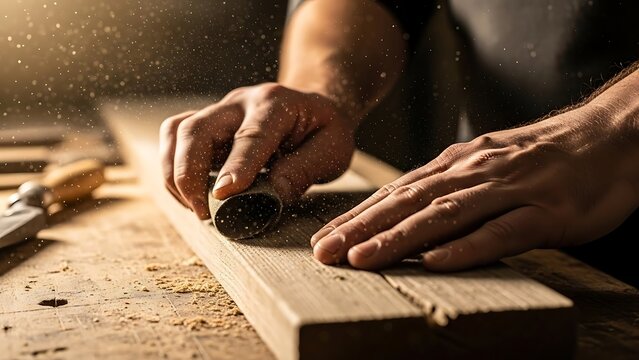 Craftsman sanding wooden plank with sandpaper in workshop environment