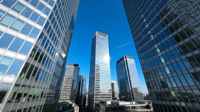 Modern skyscrapers reaching towards a clear blue sky architectural structures