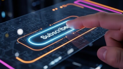 Futuristic Touchscreen Interface with 'Subscribe' Button Highlighted by Finger Interaction