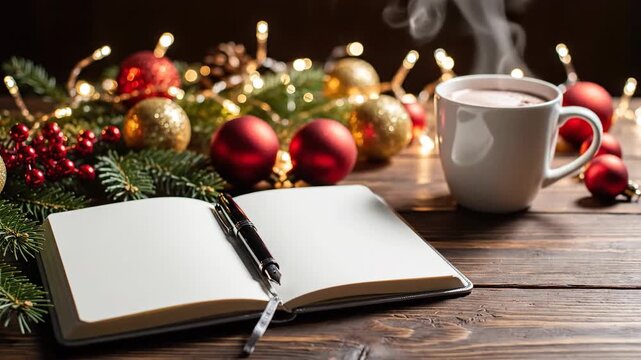 Open notebook pen beside coffee cup christmas decorations festive background