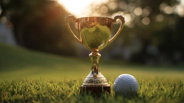 Golden trophy beside a gleaming golf ball on lush green grass with a warm sunset glow. and calm aura
