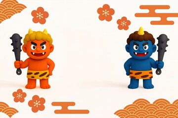 勝気な笑みで金棒を持って腰に手を当てた3Dの可愛い赤鬼と青鬼の背景素材（和柄フレーム付き）