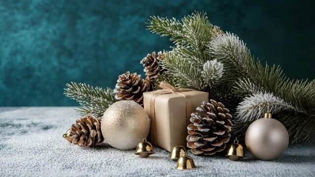 Frosted pinecone fir evergreen arrangement with gold bauble bells and gift for cozy holiday ambiance