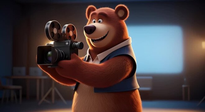 Animated bear holding camera studio setup