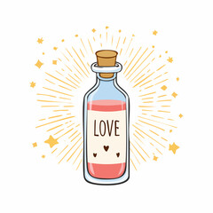 Hand drawn magical bottle labeled love with whimsical spark accents