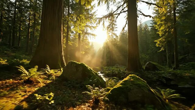 A cinematic first person view journey through a magical sunlit forest with golden light rays and a peaceful stream