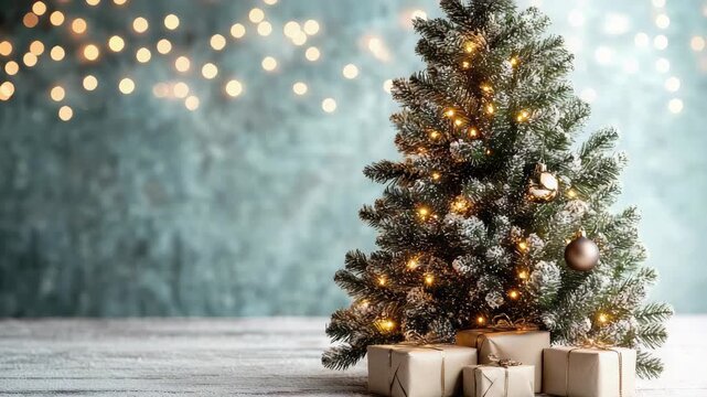 Cozy small christmas tree with warm fairy lights, wrapped present gift box ornament evergreen