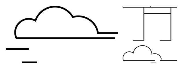 Nature, spirituality, mindfulness, minimalism, harmony, weather. Stylized cloud and gate drawn with clean lines. Nature and spirituality concept with minimalist line art