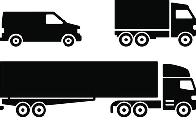 Silhouette vector set of cargo van, box truck, and semi-trailer for commercial transport, logistics, delivery, and freight illustration.