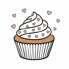 Hand drawn cute cupcake topped with tiny heart sprinkles for February dessert themed illustrations