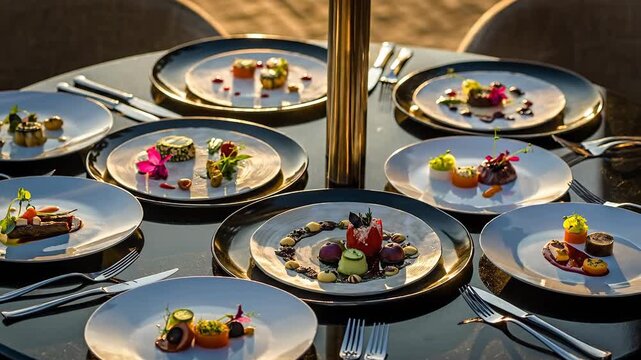 Gourmet Dinner Plates Arranged on a Round Table with Gold Centerpiece and Elegant Silverware