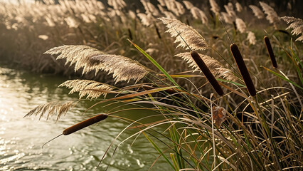 Cattails and Tall Grass Growing Near Water