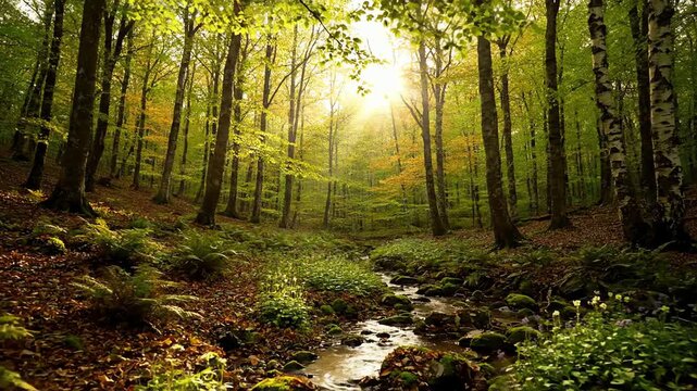 Tranquil forest landscape with a babbling brook and sunbeams shining through the trees