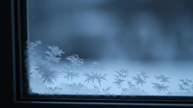 Time-lapse of frost forming on a window pane during a cold winter night, showcasing the intricate patterns of ice crystals growing on the glass surface.