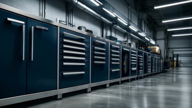 A long, low-angle shot of a row of modern, dark blue industrial tool cabinets with shiny metal drawers in a brightly lit workshop or factory setting, symbolizing workshop organization, precision stora