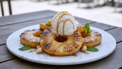 Grilled Pineapple with Ice Cream & Mint, Tropical Grilled Pineapple with Vanilla Ice Cream, Delicious Grilled Pineapple with Creamy Ice Cream
