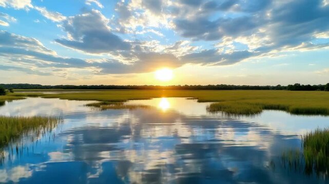 Sunset marsh reflection golden sun over calm water with reeds and grass wetland scene
