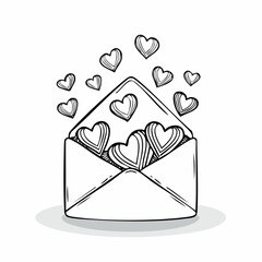 Hand drawn envelope unfolding and releasing tiny hearts upward