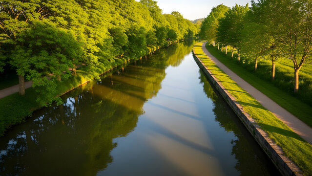 Summer landscape of a river stream reflecting the blue sky and forest trees in a tranquil countryside park - Powered by Adobe