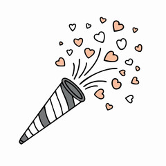 Hand drawn party popper releasing mini hearts for celebration themes
