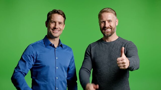 Two Smiling Men Giving Thumbs Up in Front of Green Screen Backdrop Cheerful Approval Positive Studio Shot Showing Optimism and Support Isolated