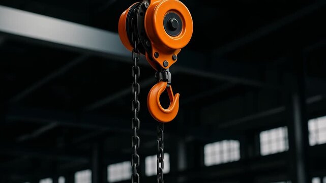 A close-up of a brightly colored orange industrial chain hoist or pulley block with a prominent lifting hook, hanging from an overhead structure in a dark warehouse or factory setting, symbolizing hea