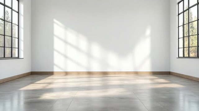 Empty room large window natural light hardwood baseboard tile floor minimalist interior with soft