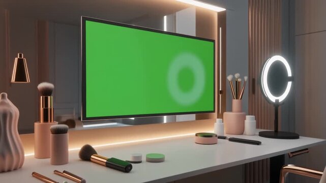 Modern vanity table with green screen TV, makeup brushes, and ring light in a dressing room.