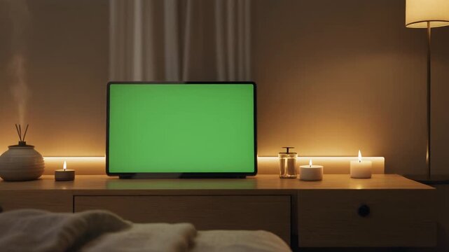 Cozy room with a green screen TV, candles, and aroma diffuser creating a relaxing ambiance.