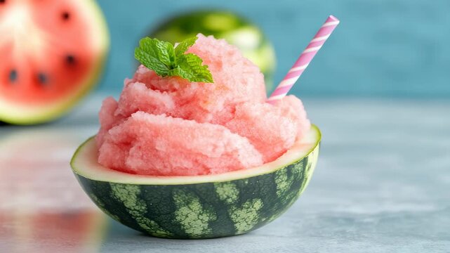 Watermelon sorbet in hollowed melon bowl with mint garnish and pink striped straw summer treat