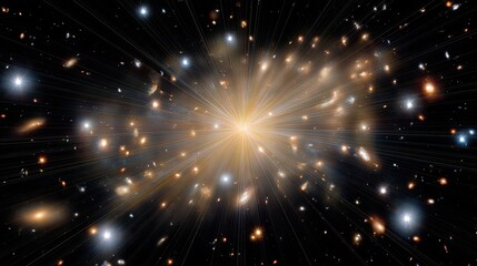 Naklejka premium Stunning Vastness of Deep Space with Bright Stars, Galaxies, and Cosmic Elements Radiating from a Central Point in a Mesmerizing Explosion of Light