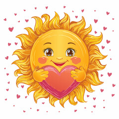 Hand drawn smiling sun embracing a heart symbol for warm February positivity