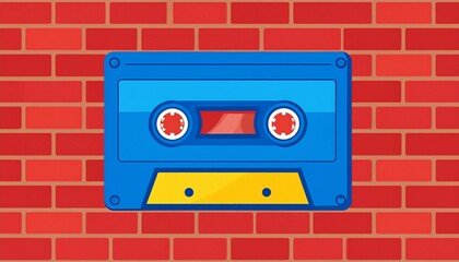 Fototapeta premium A vibrant blue audio cassette tape with a yellow label section depicted in a flat illustration style on a red brick wall.
