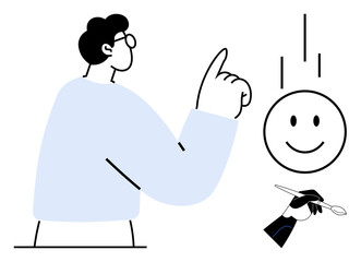 Creativity concept. Creativity through minimalistic art with a person gesturing toward a happy face being painted. Creativity fosters innovation, design, and original thinking. Great for marketing