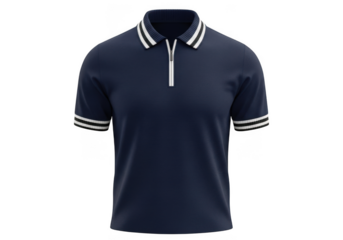 Navy blue short sleeve polo shirt with white collar and cuff stripes isolated on transparent background